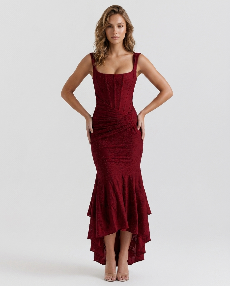 Vionette Jacquard Fishtail Dress Burgundy Front