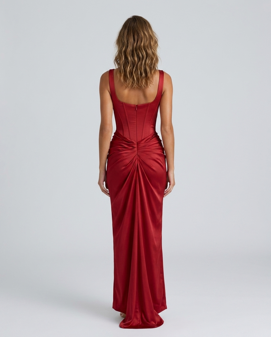 Ravelle Corset Pleated Gown - Red - Rear