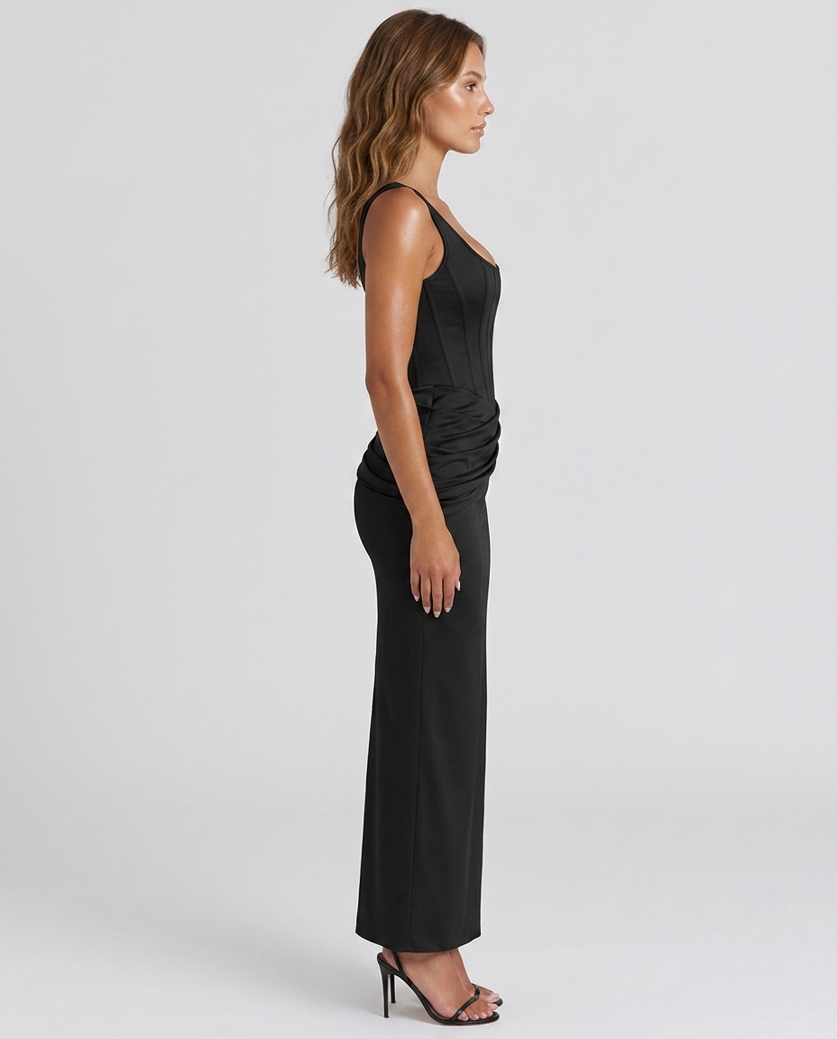 Ravelle Corset Pleated Gown - Black - Side