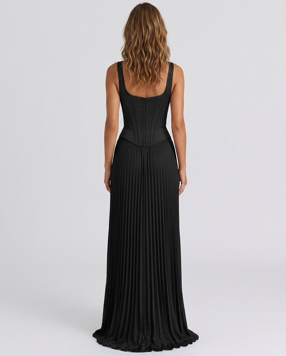 Ravelle Corset Pleated Gown - Black - Rear