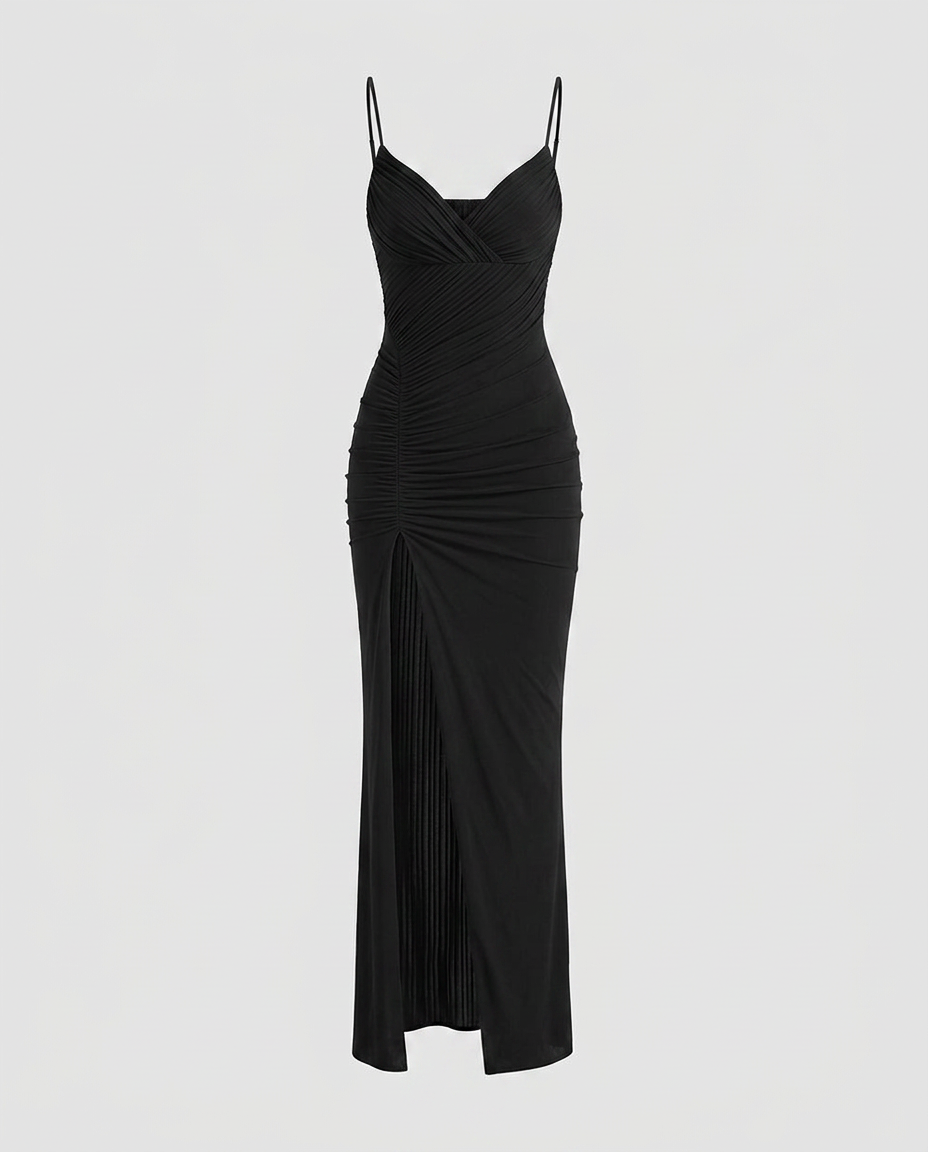 Velmora Pleated Slit Dress - Black - Ghost