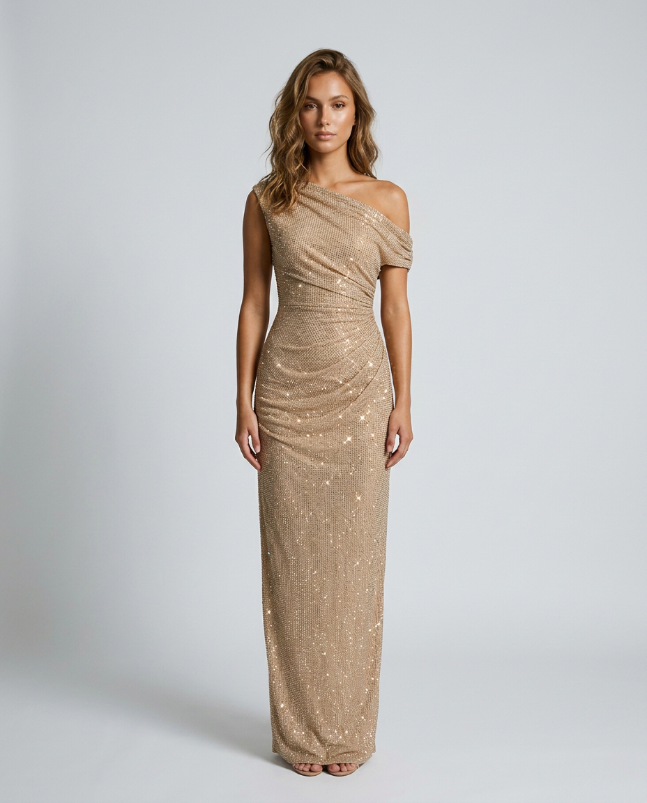 Orlisse Rhinestone Evening Gown - Gold - Front
