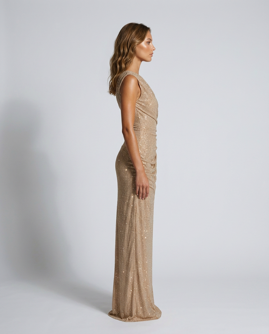 Orlisse Rhinestone Evening Gown - Gold - Side