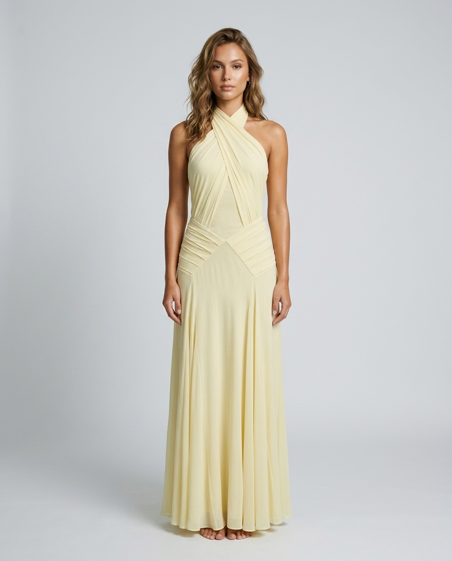 Elaris Halter Chiffon Dress Yellow - Front