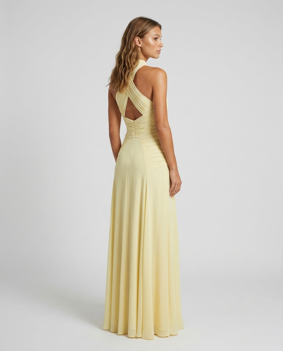 Elaris Halter Chiffon Dress Yellow - Rear-Side