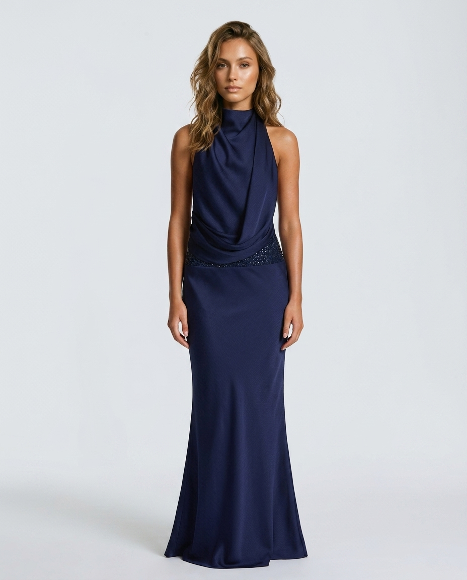 Novera Sequin Backless Dress Navy Blue - Front