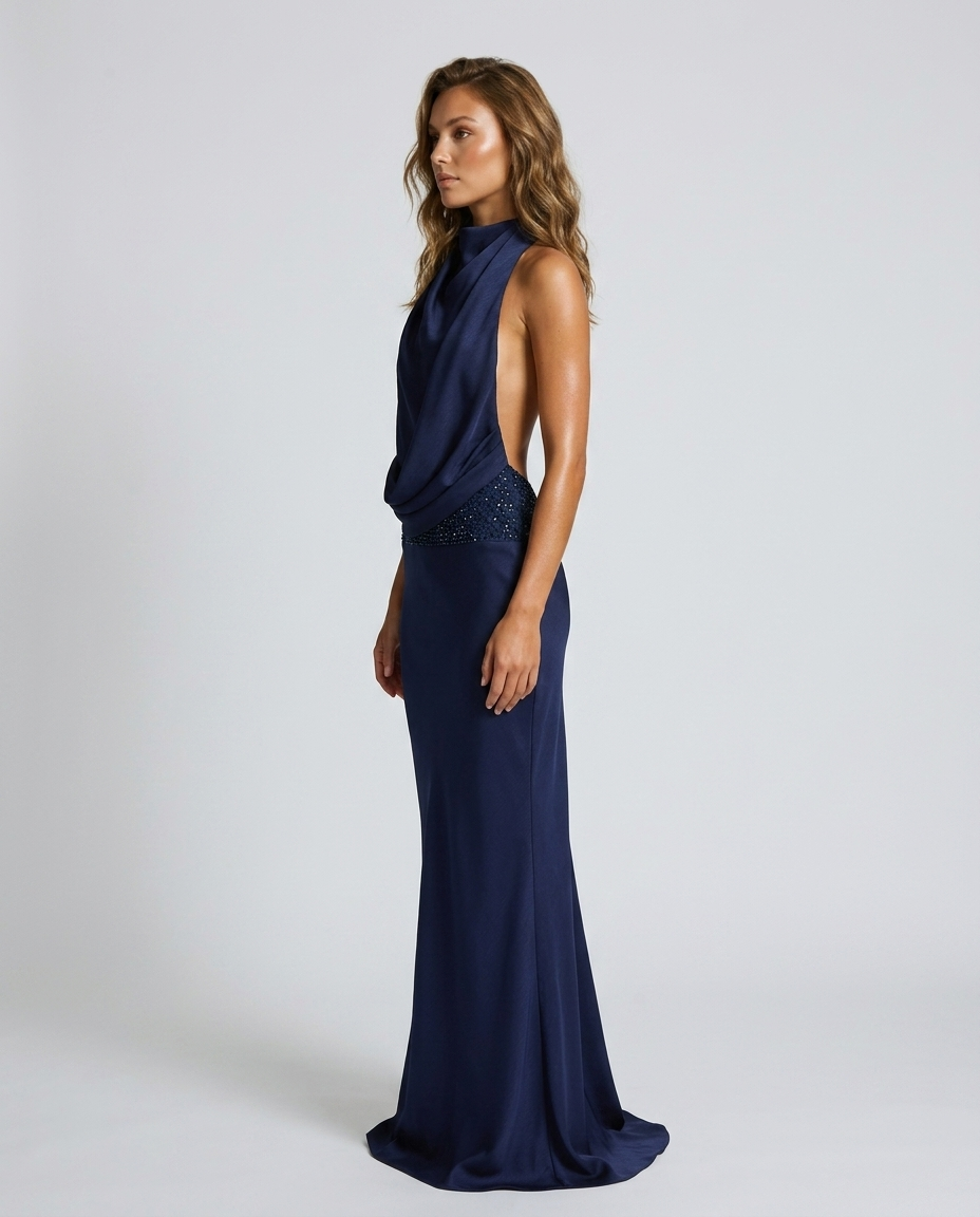 Novera Sequin Backless Dress Navy Blue - Side