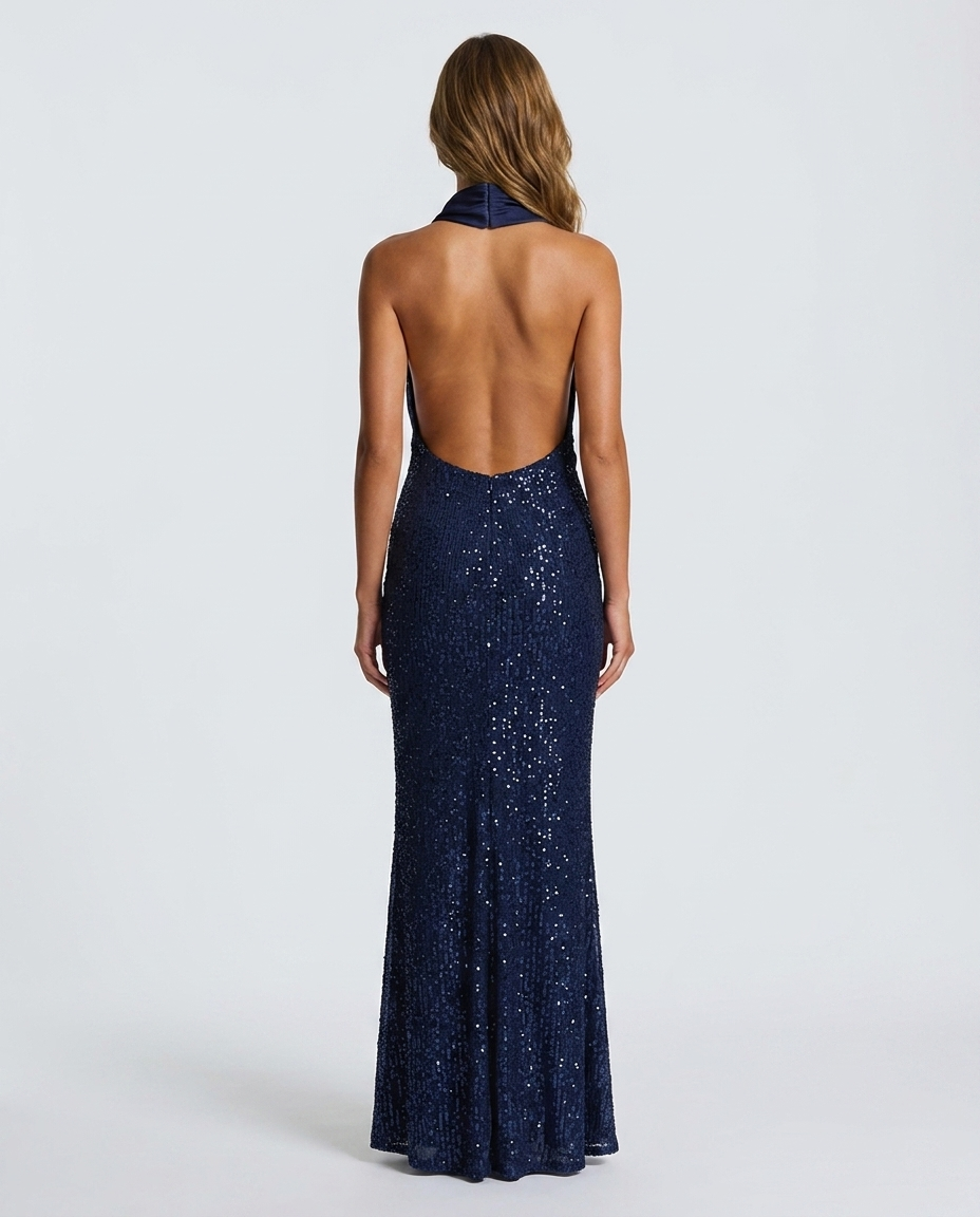 Novera Sequin Backless Dress Navy Blue - Rear