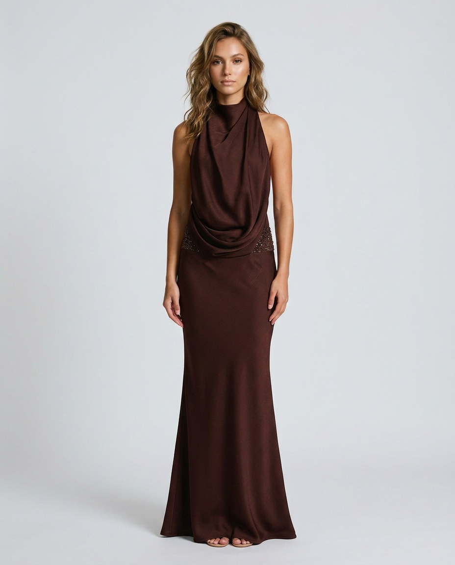 Novera Sequin Backless Dress Brown - Front