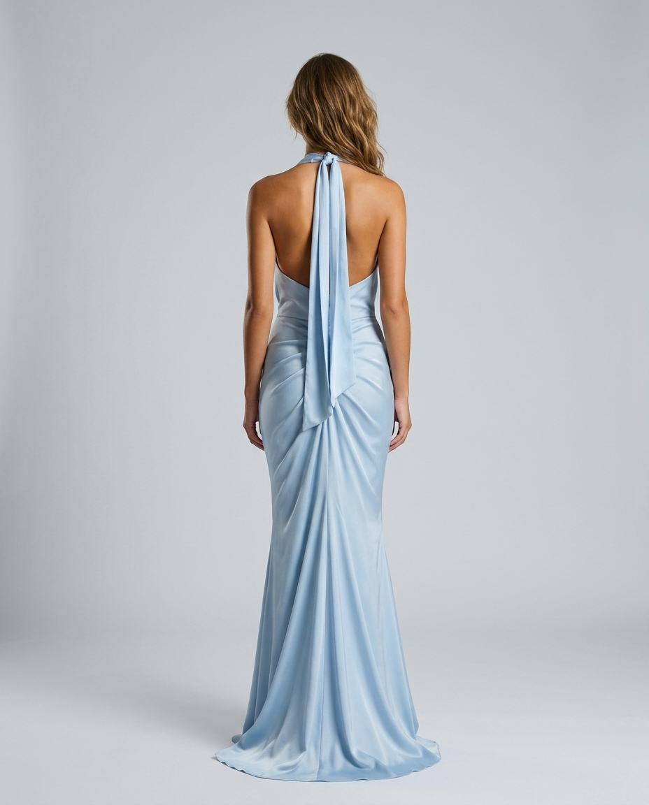 Zarelle Pleated Halter Dress Blue - Rear
