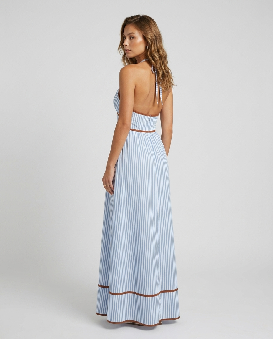 Soraya Halter Stripe Dress - Blue - Rear-Side