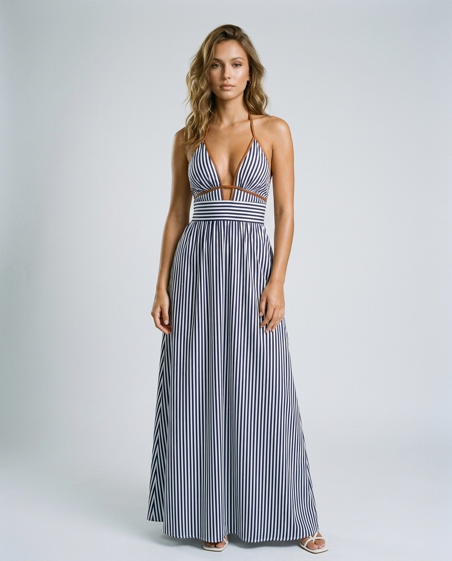 Soraya Halter Stripe Dress - Navy Blue - Front
