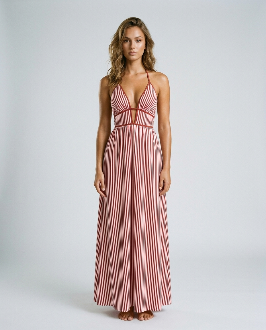 Soraya Halter Stripe Dress - Burgundy - Front