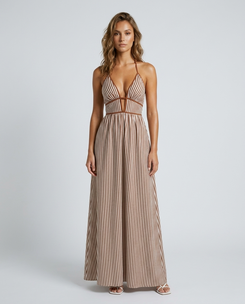 Soraya Halter Stripe Dress - Brown - Front