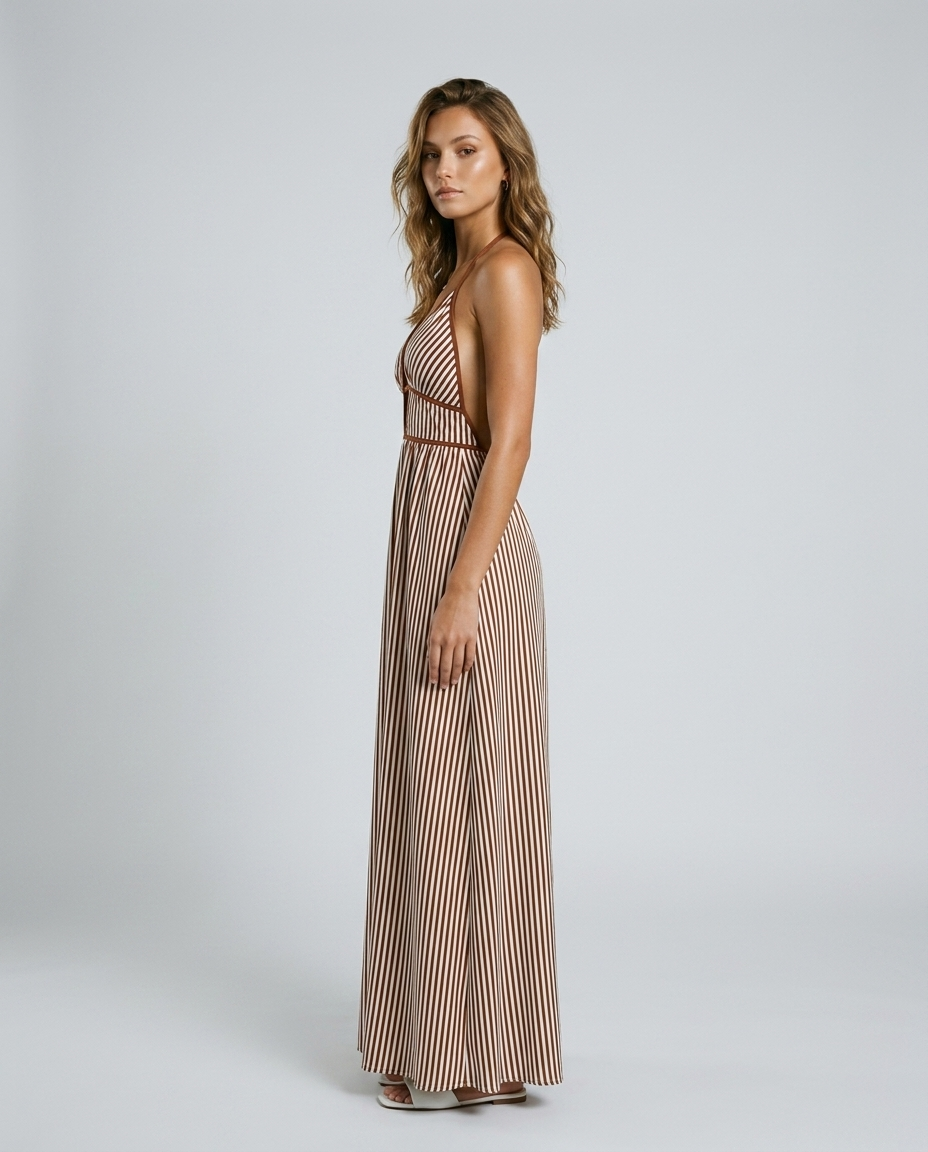Soraya Halter Stripe Dress - Brown - Side