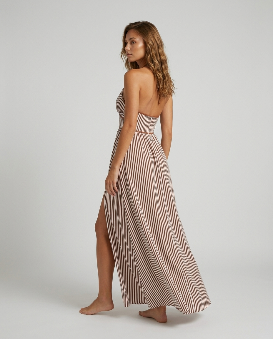 Soraya Halter Stripe Dress - Brown - Rear-Side