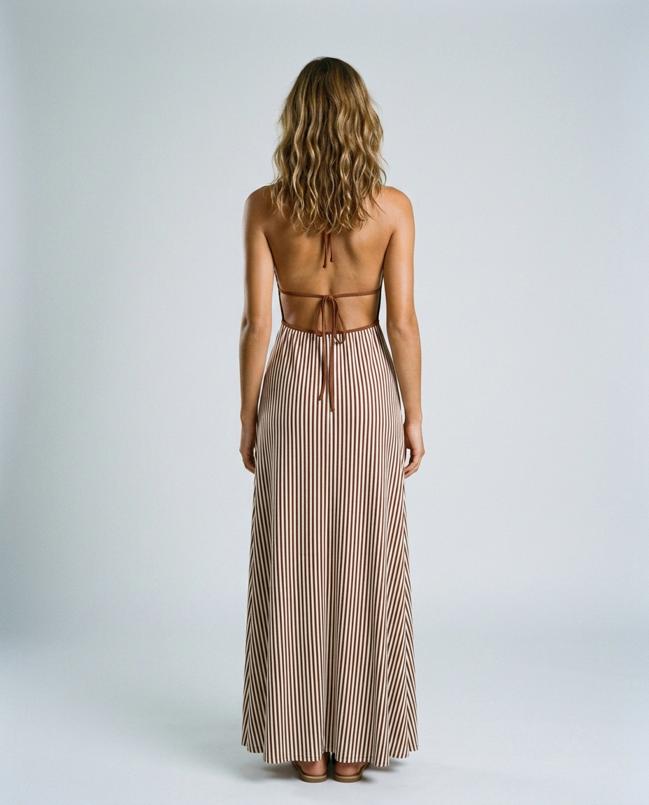 Soraya Halter Stripe Dress - Brown - Rear