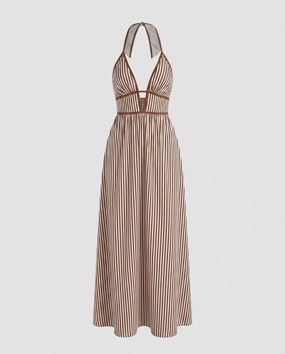 Soraya Halter Stripe Dress - Brown - Ghost