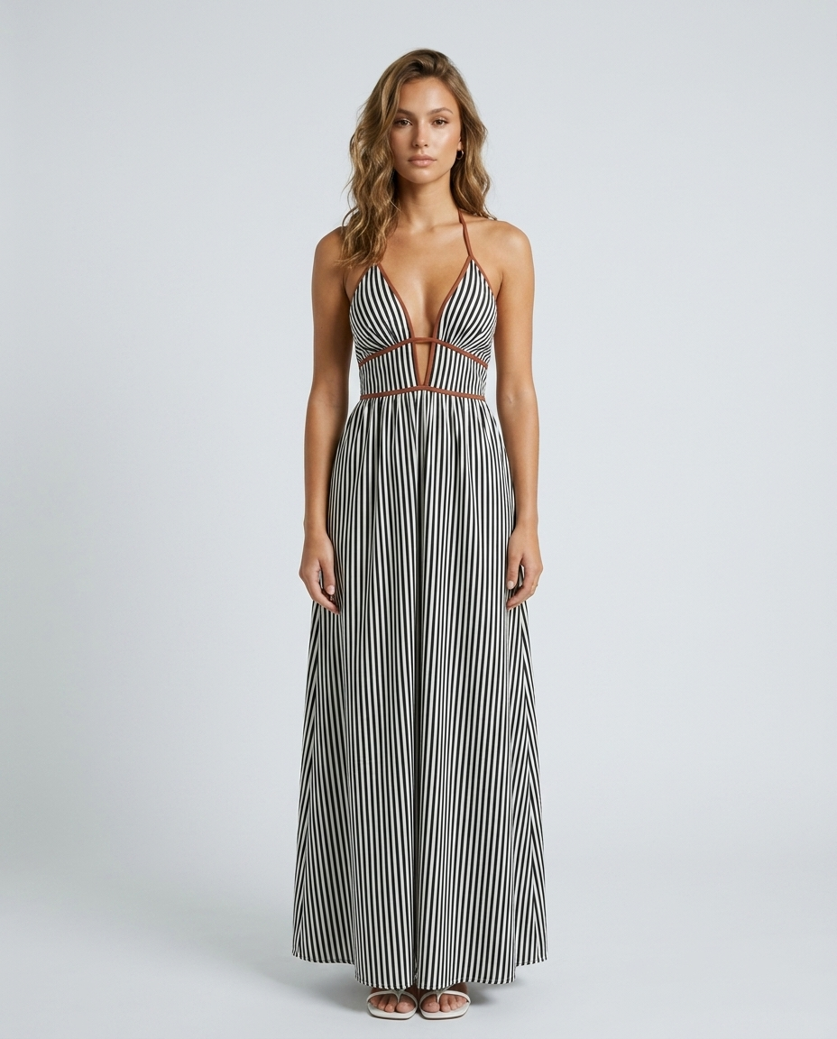 Soraya Halter Stripe Dress - Black - Front