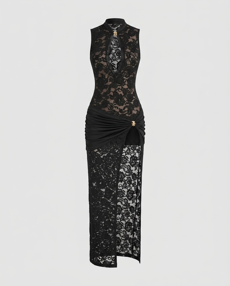 Noirelle Slit Knit Gown - Black - Ghost