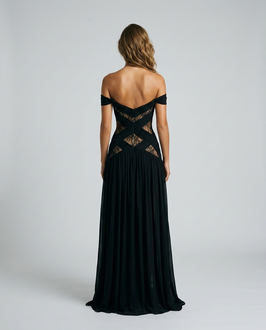 Esmira Sheer Slit Gown - Black - Rear
