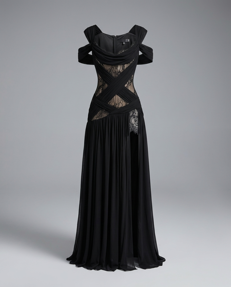Esmira Sheer Slit Gown - Black - Ghost