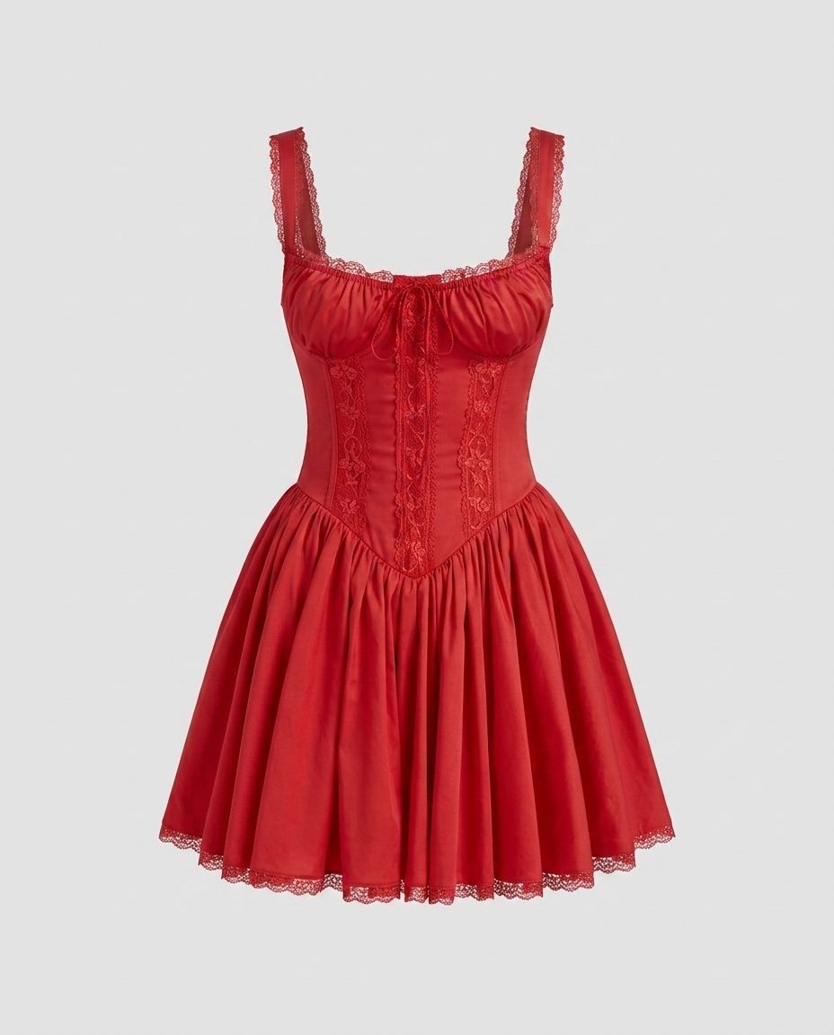 Marvelle Lace Square Mini Dress - Red - Ghost