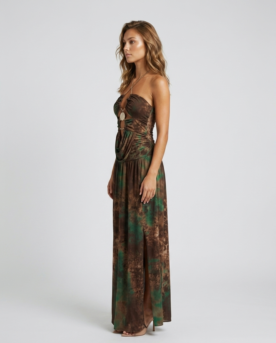 Azel Chain Slit Dress - Green - Side