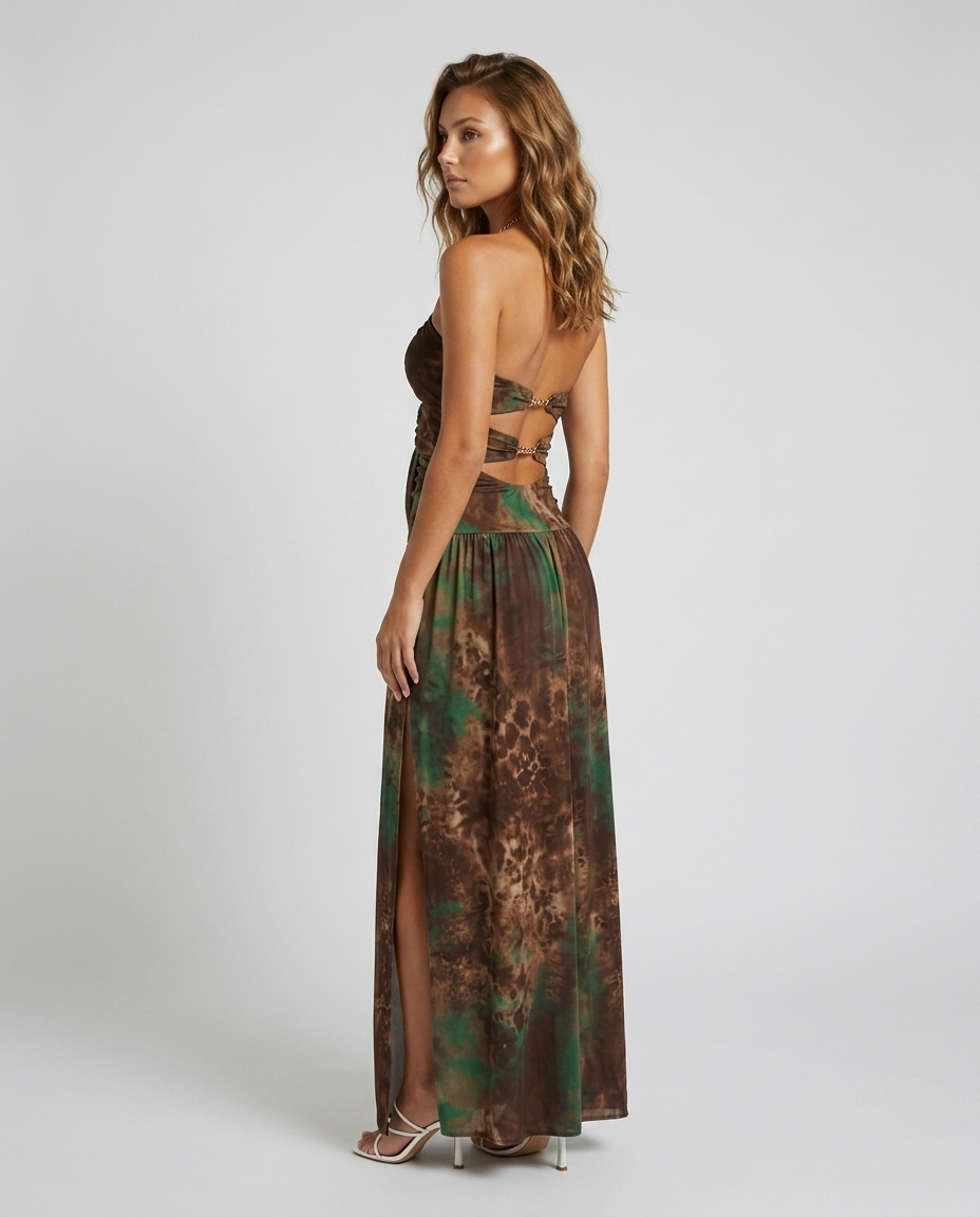 Azel Chain Slit Dress - Green - Rear-Side