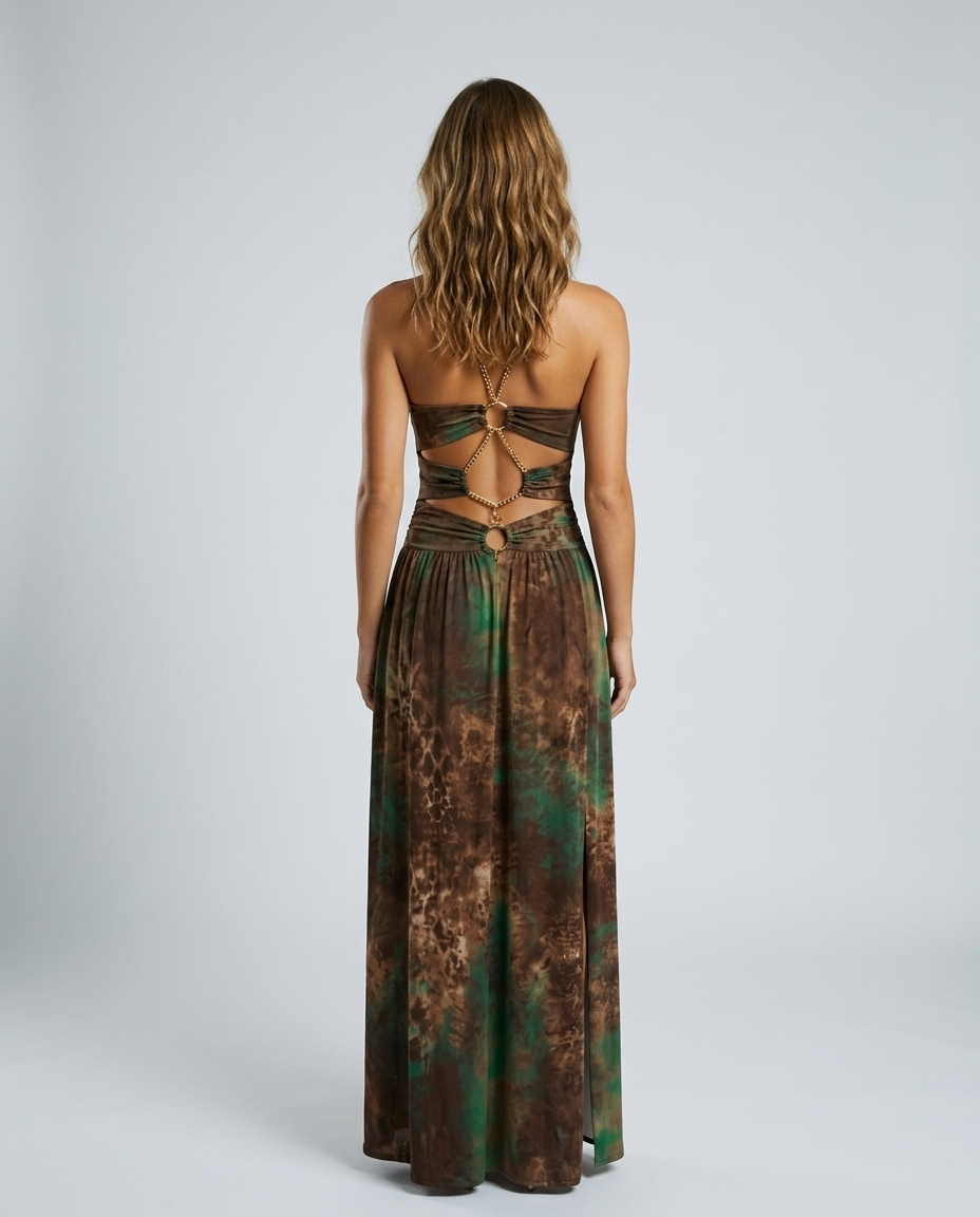 Azel Chain Slit Dress - Green - Rear