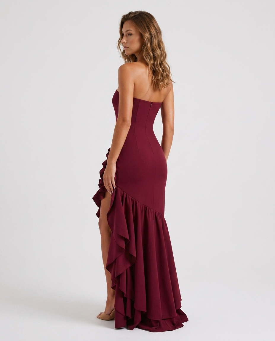 Elara Lotus Hem Dress - Wine Red Rear-Side