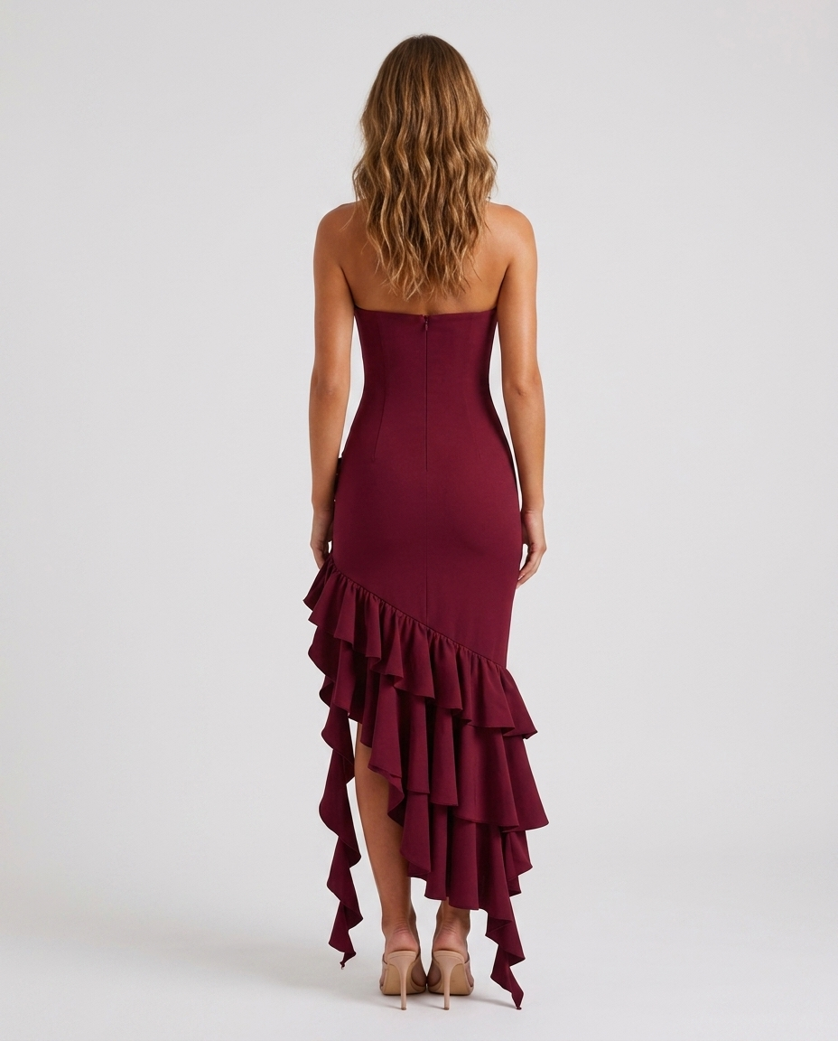 Elara Lotus Hem Dress - Wine Red Rear