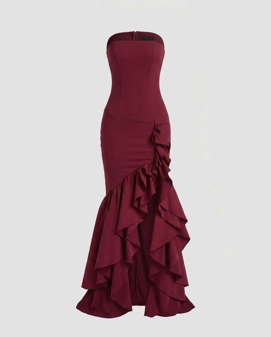 Elara Lotus Hem Dress - Wine Red Ghost