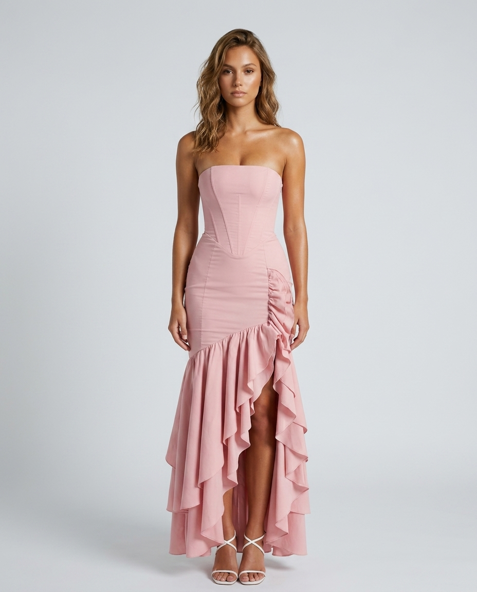 Elara Lotus Hem Dress - Pink Front