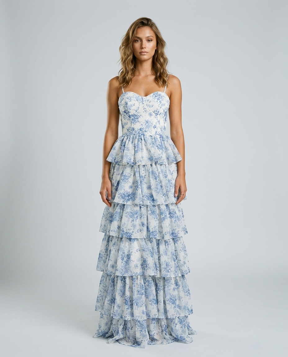 Aurelia Floral Chiffon Dress - Blue Front