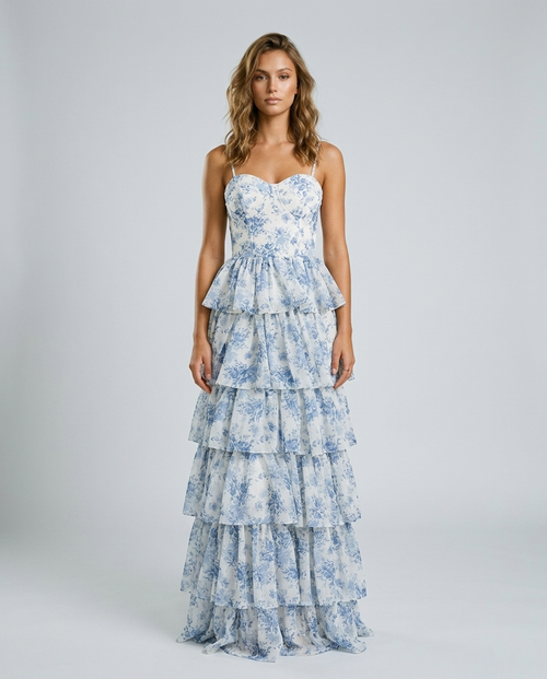 Aurelia Floral Chiffon Dress - Blue Front
