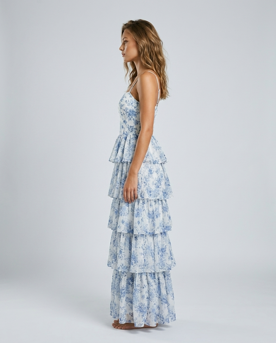 Aurelia Floral Chiffon Dress - Blue Side