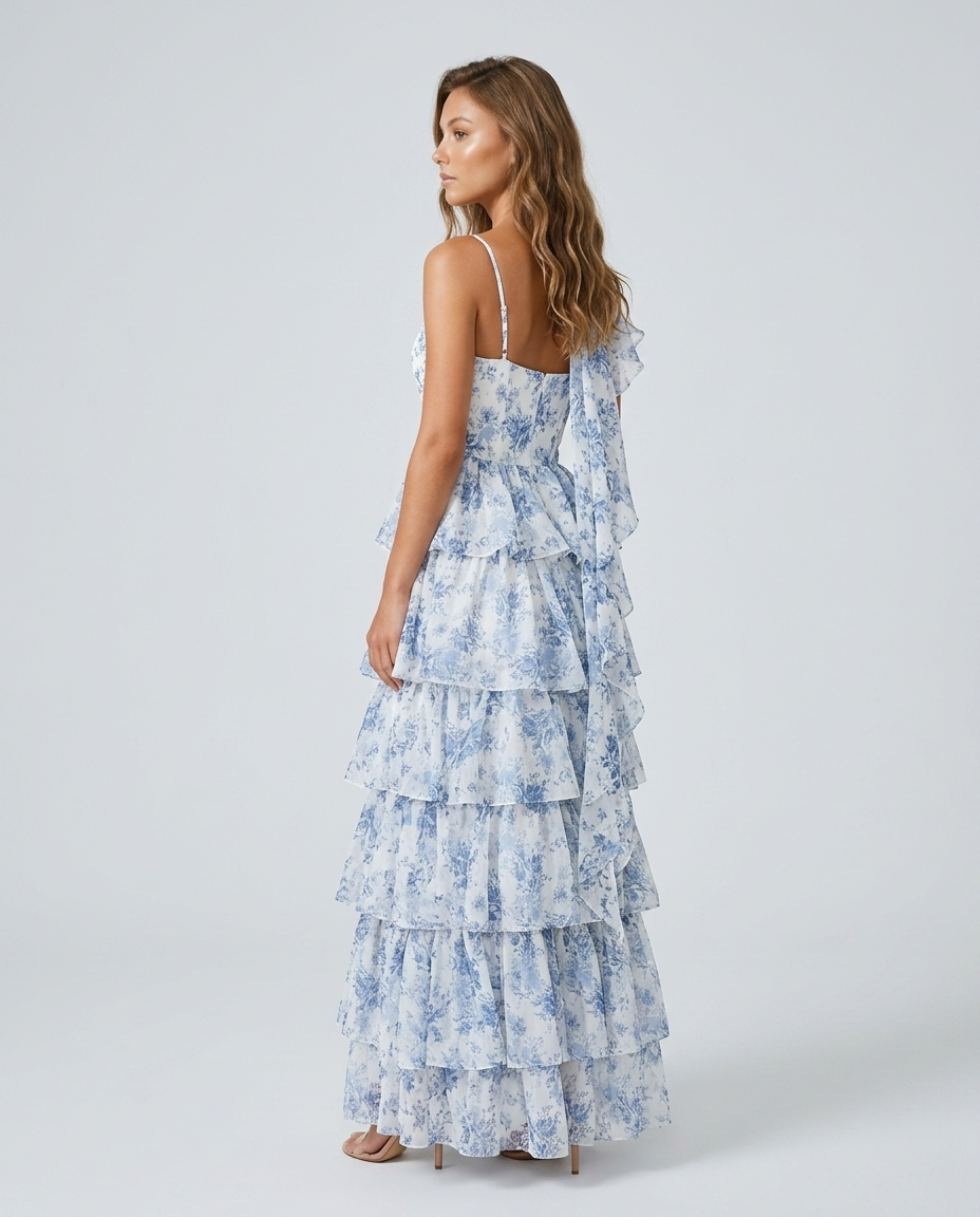 Aurelia Floral Chiffon Dress - Blue Rear-Side