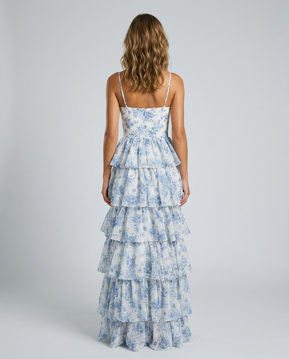 Aurelia Floral Chiffon Dress - Blue Rear