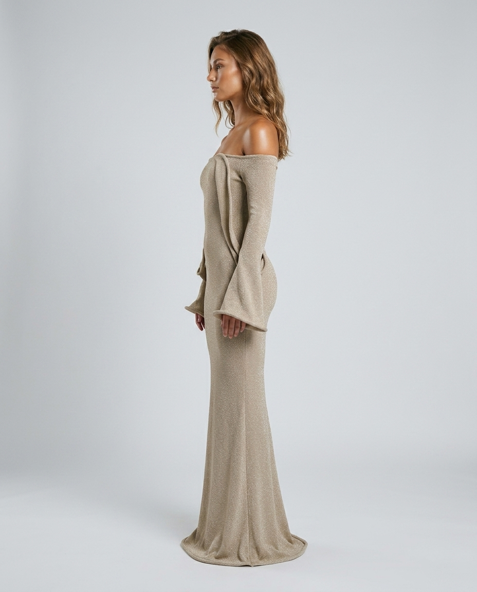 Camille Fishtail Sleeve Gown - Khaki - Side