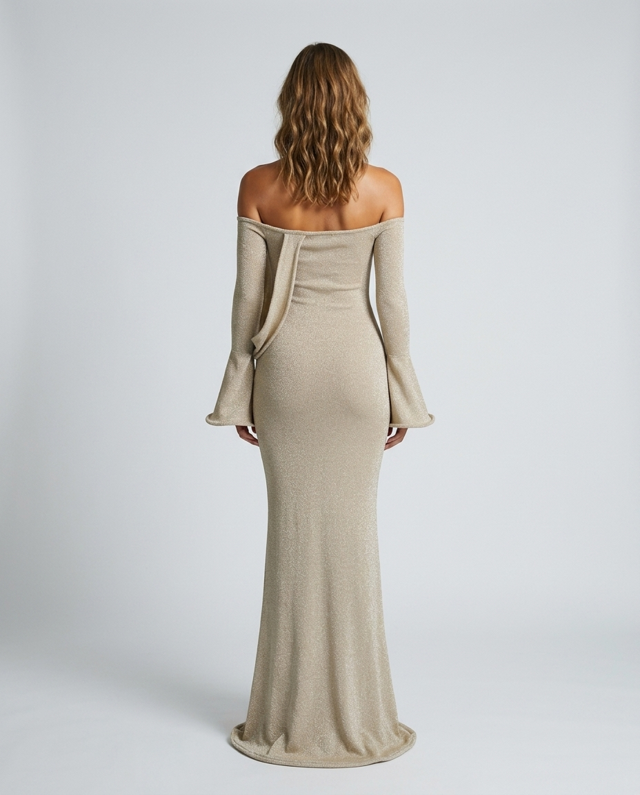 Camille Fishtail Sleeve Gown - Khaki - Rear