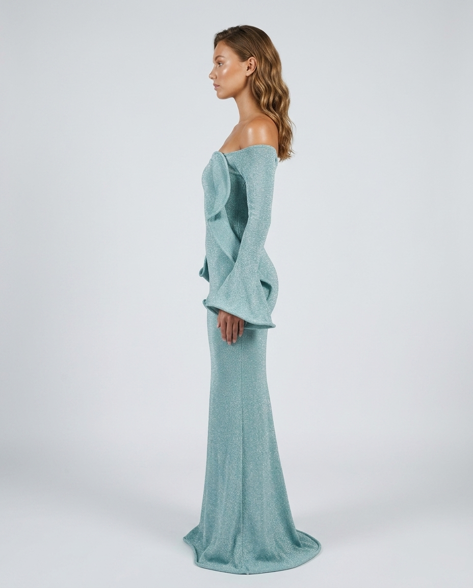 Camille Fishtail Sleeve Gown - Emerald - Side