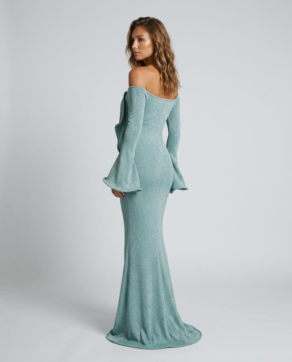 Camille Fishtail Sleeve Gown - Emerald - Rear-Side