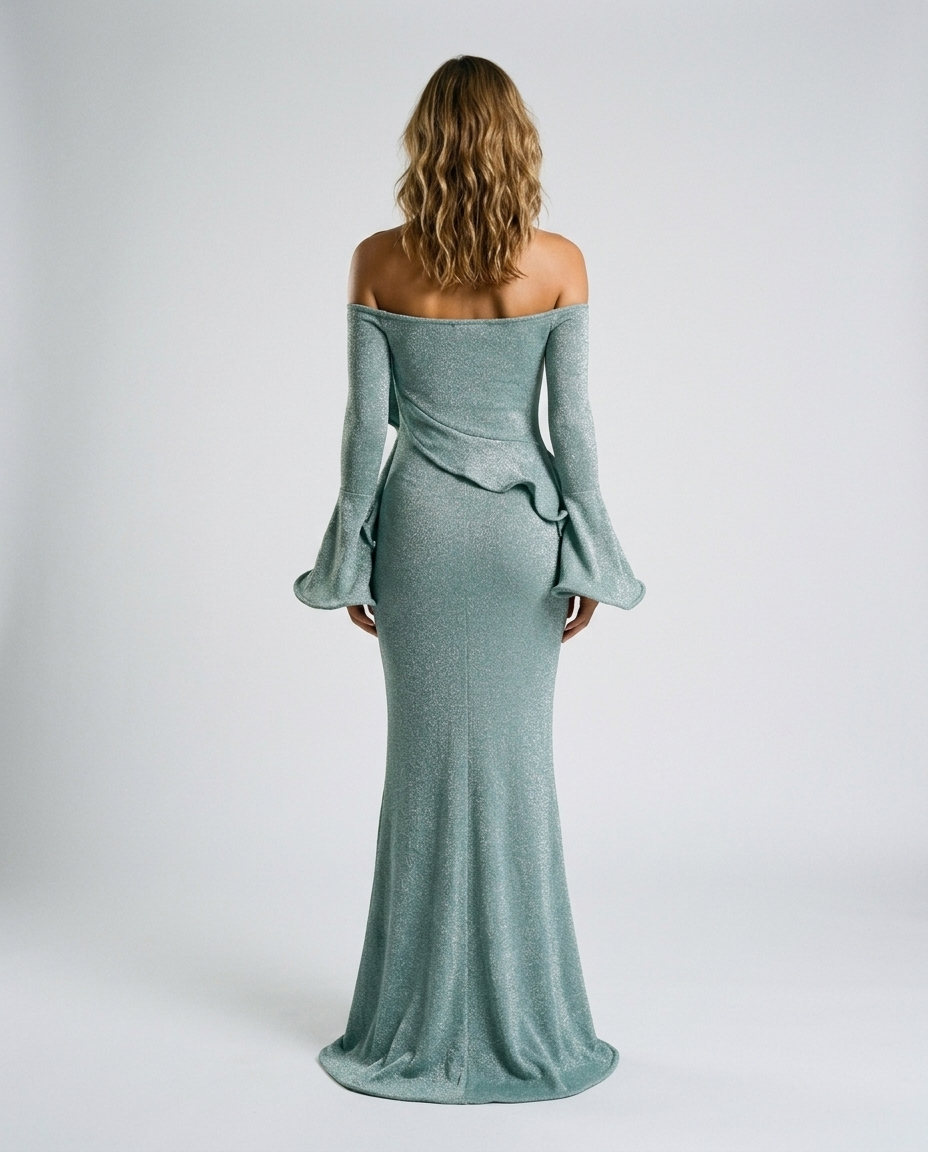 Camille Fishtail Sleeve Gown - Emerald - Rear