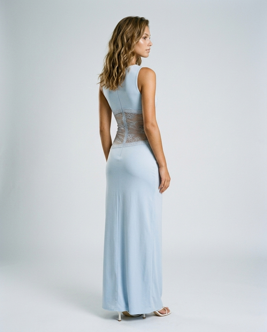 Isabelle Lace Satin Gown - Blue - Rear-Side