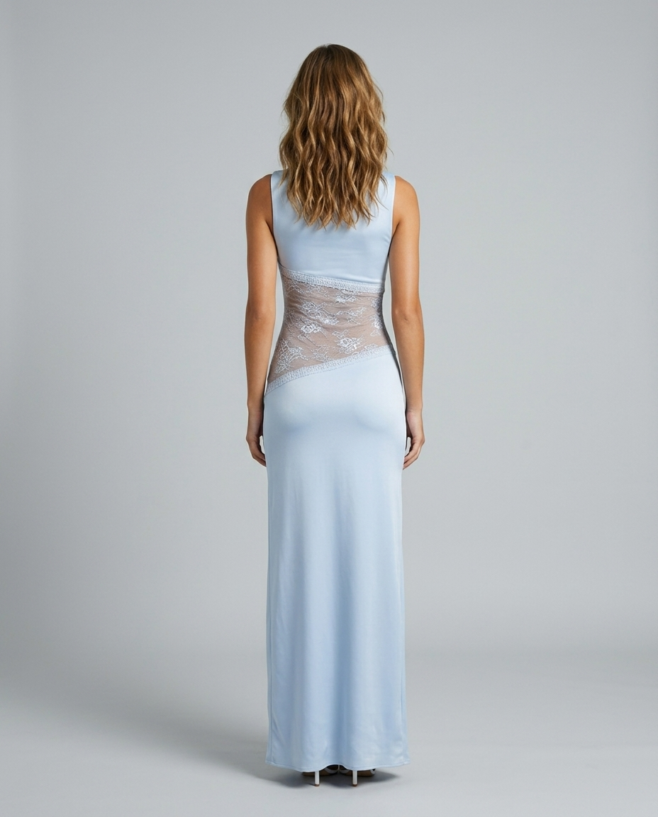 Isabelle Lace Satin Gown - Blue - Rear