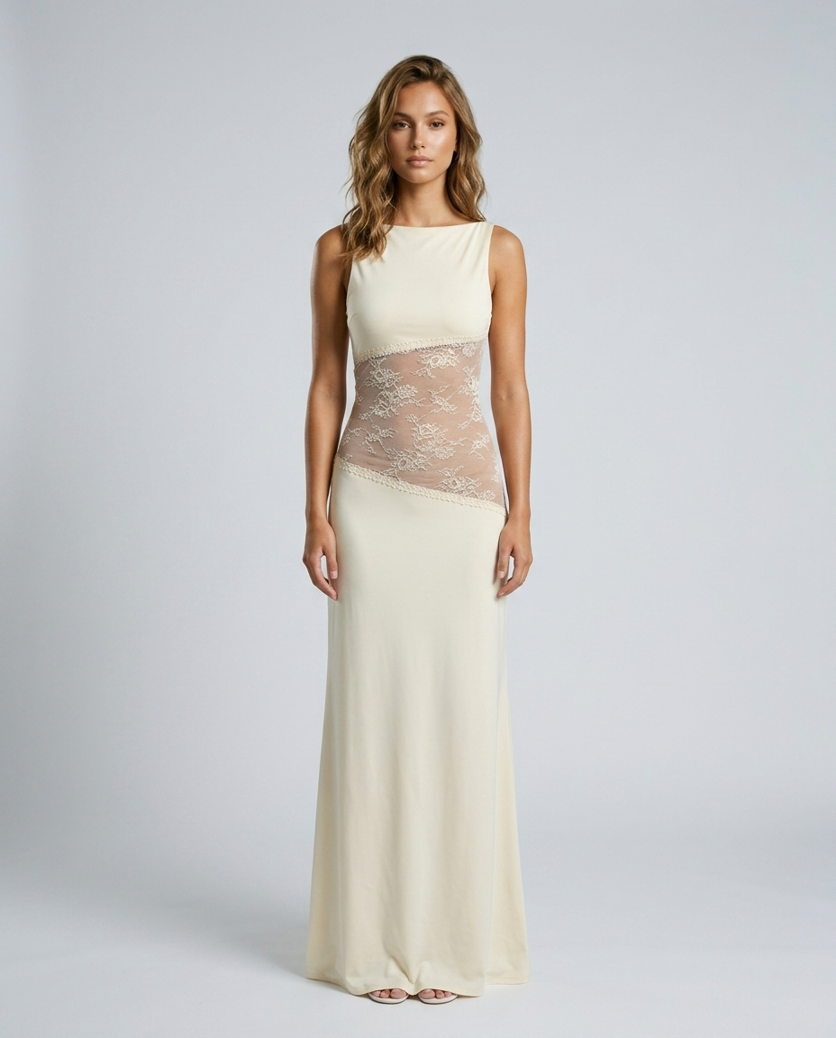 Isabelle Lace Satin Gown - Yellow - Front