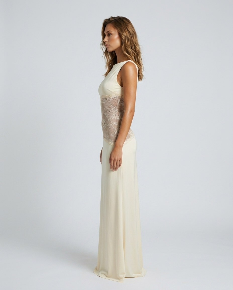Isabelle Lace Satin Gown - Yellow - Side