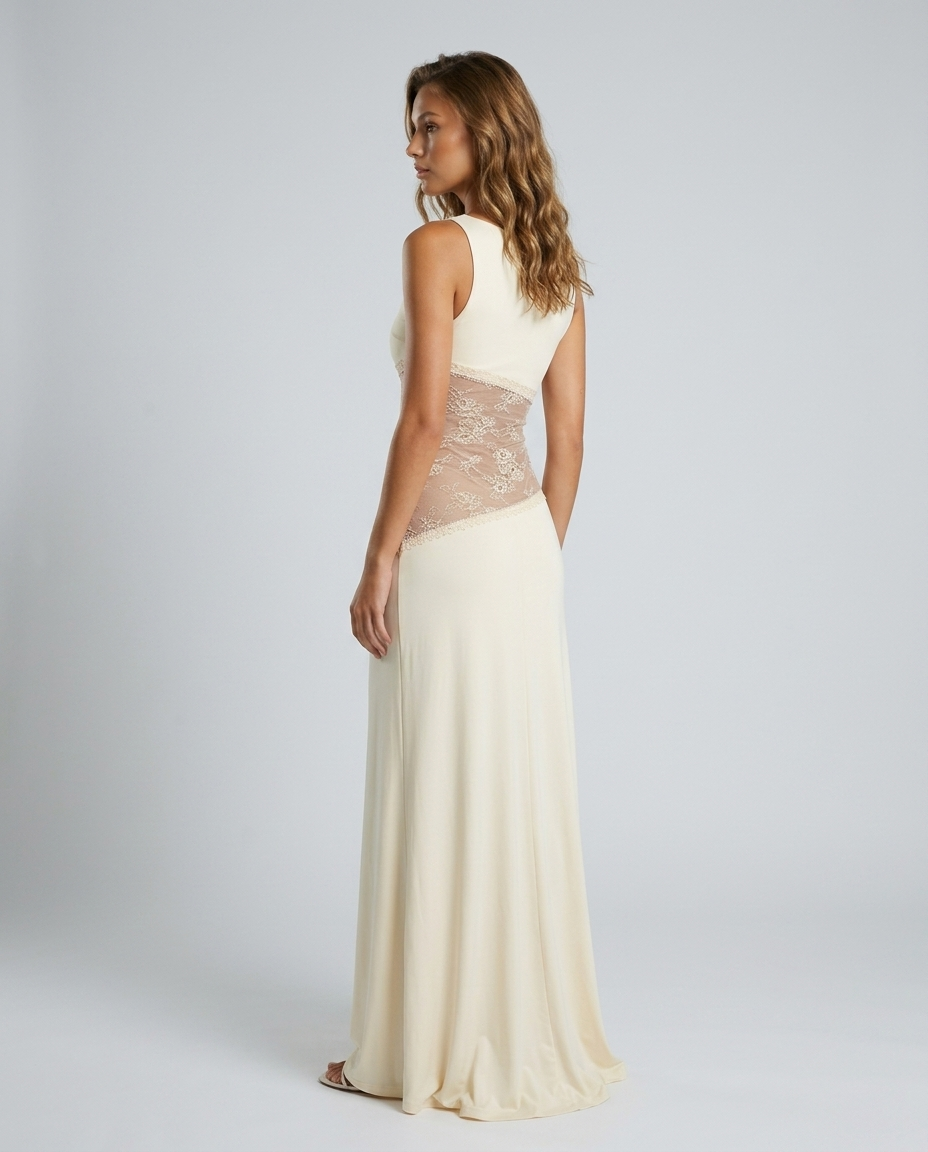 Isabelle Lace Satin Gown - Yellow - Rear-Side
