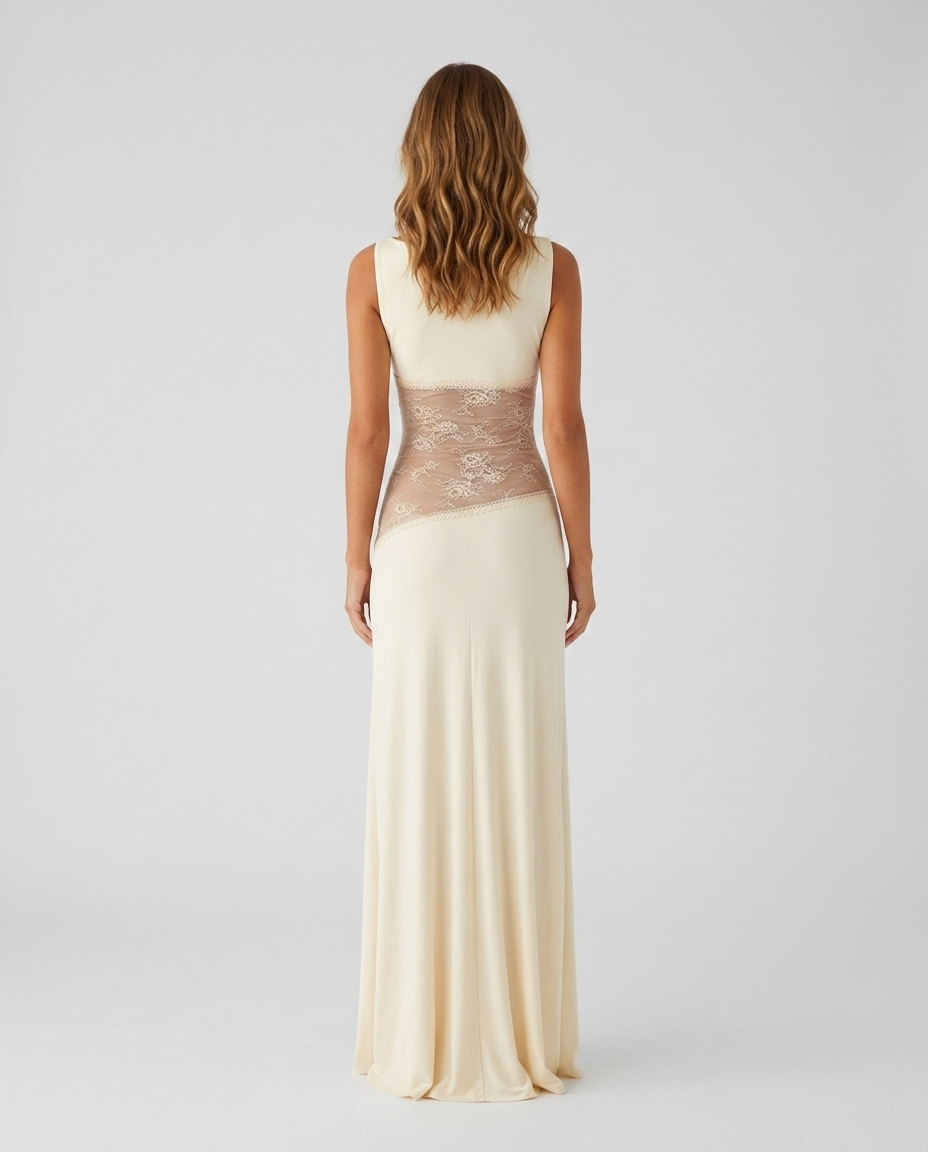 Isabelle Lace Satin Gown - Yellow - Rear
